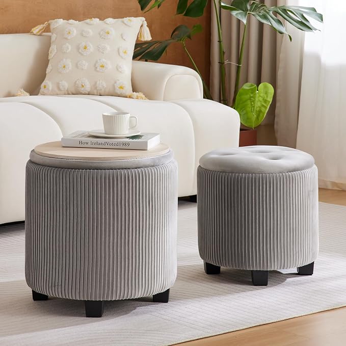 Big Round Ottoman with Storage Set of 2, Upholstered Velvet Vanity Stool