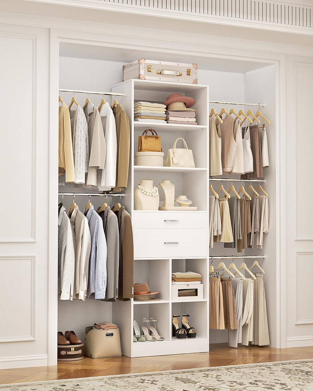 Besiost Small Closet System 3.2-6.8FT Closet Organizer with Wooden Drawers