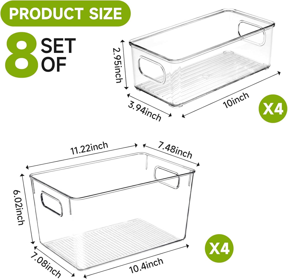 YKIOKE 8 Pack Clear Plastic Storage Bins with Handles, Stackable Organizer