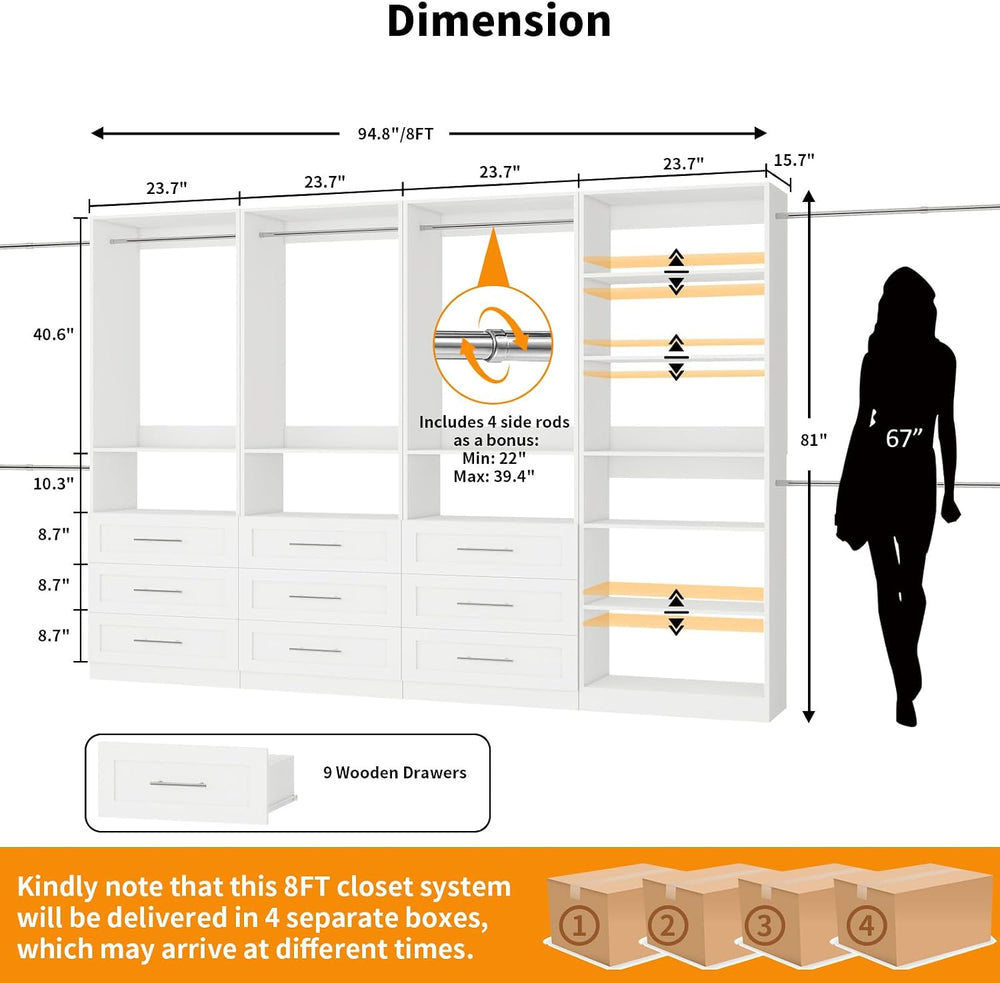Closet System with 4 Sets, 8FT-21FT Closet Organizer Systems with 9 Drawers 9...