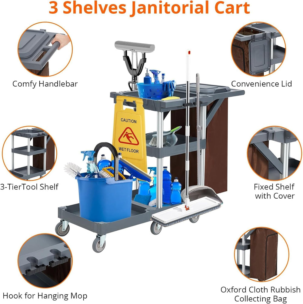 Commercial Janitorial Cart with Wheels, 3 Shelf Cleaning Trolley Cart with 16...