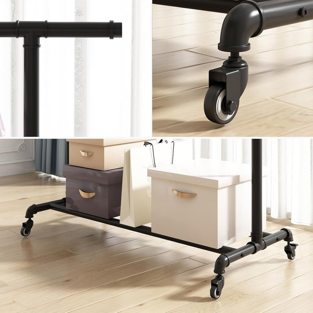Industrial Pipe Clothing Rack, Heavy Duty Metal Clothes Rack With Wheels, Rol...