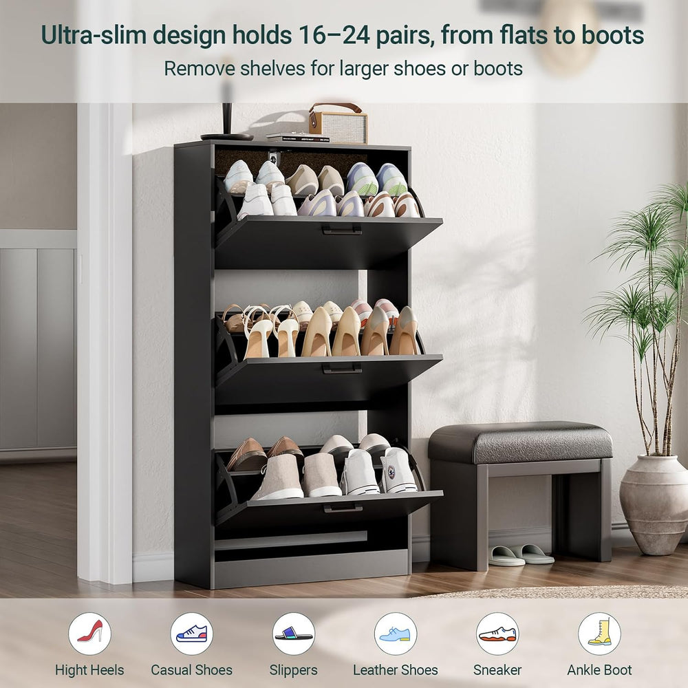 Slim Narrow Shoe Cabinet with 3 Flip Drawers for Entryway, Hallway