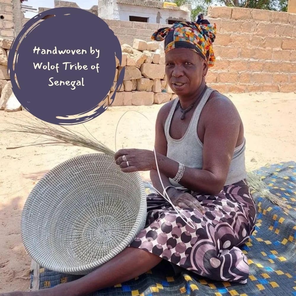 Decorative African Basket with Lid for Shelf, Brown Pattern on White, 10 Inch...