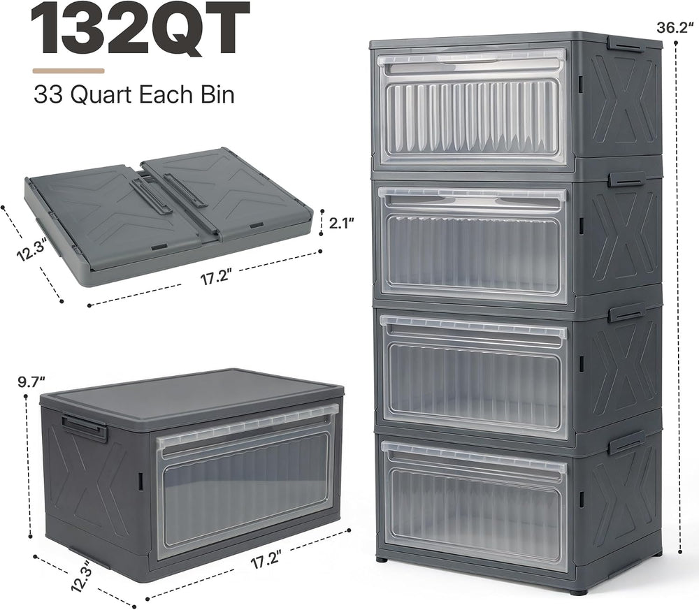 4 Tier Stackable Storage Bins with Lid, 132QT Collapsible Cabinet with Door