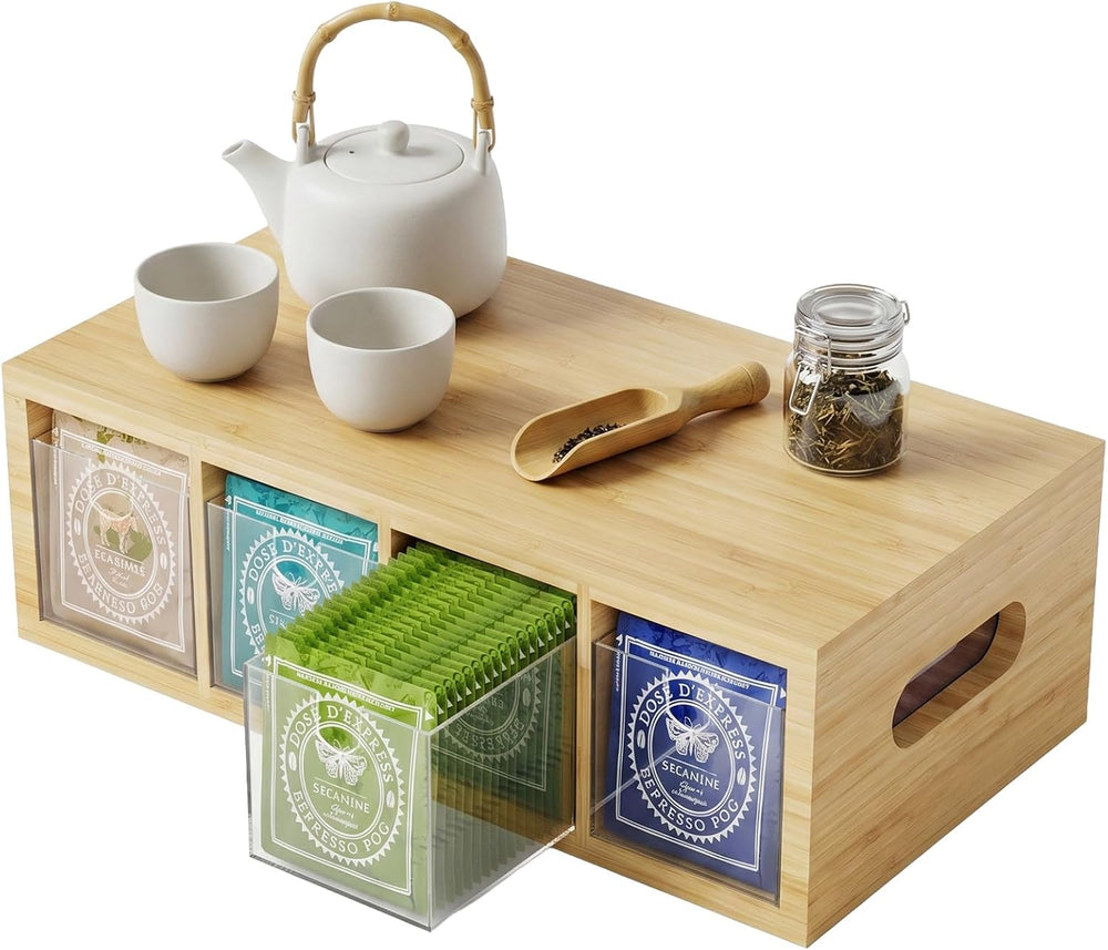 NiHome Bamboo Tea Bag Organizer with 4 Clear Acrylic Drawers and Top Tray