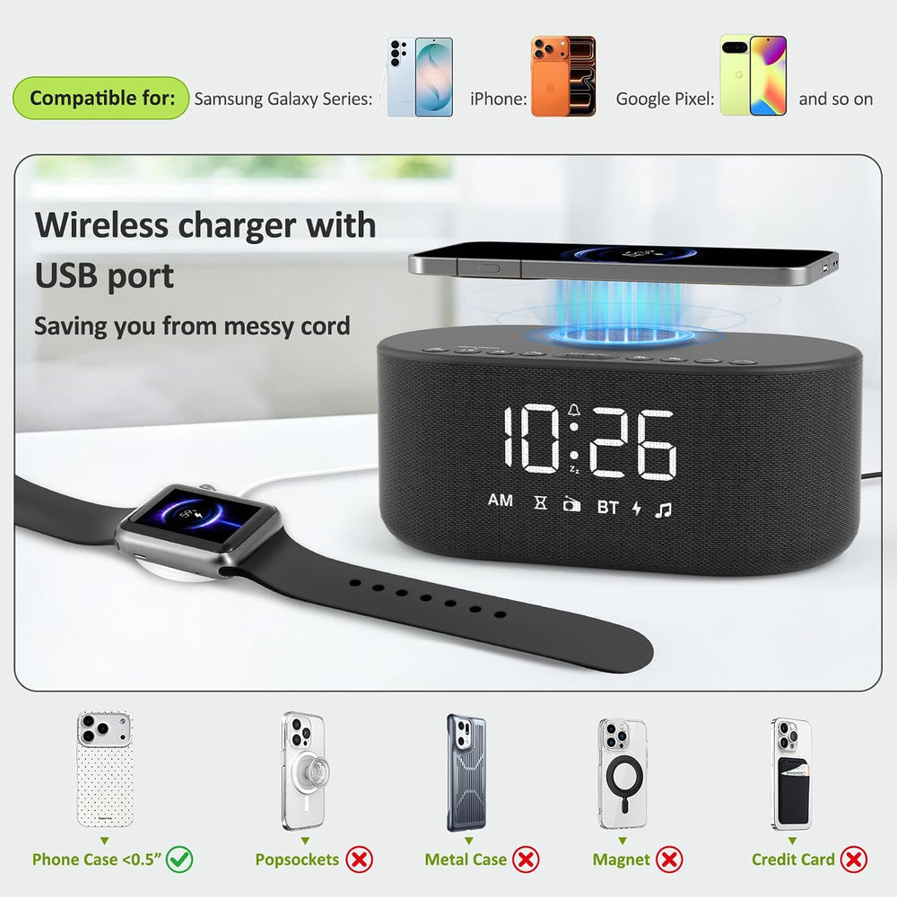 DreamSky Alarm Clock Radio with Wireless Charging and Bluetooth Speaker