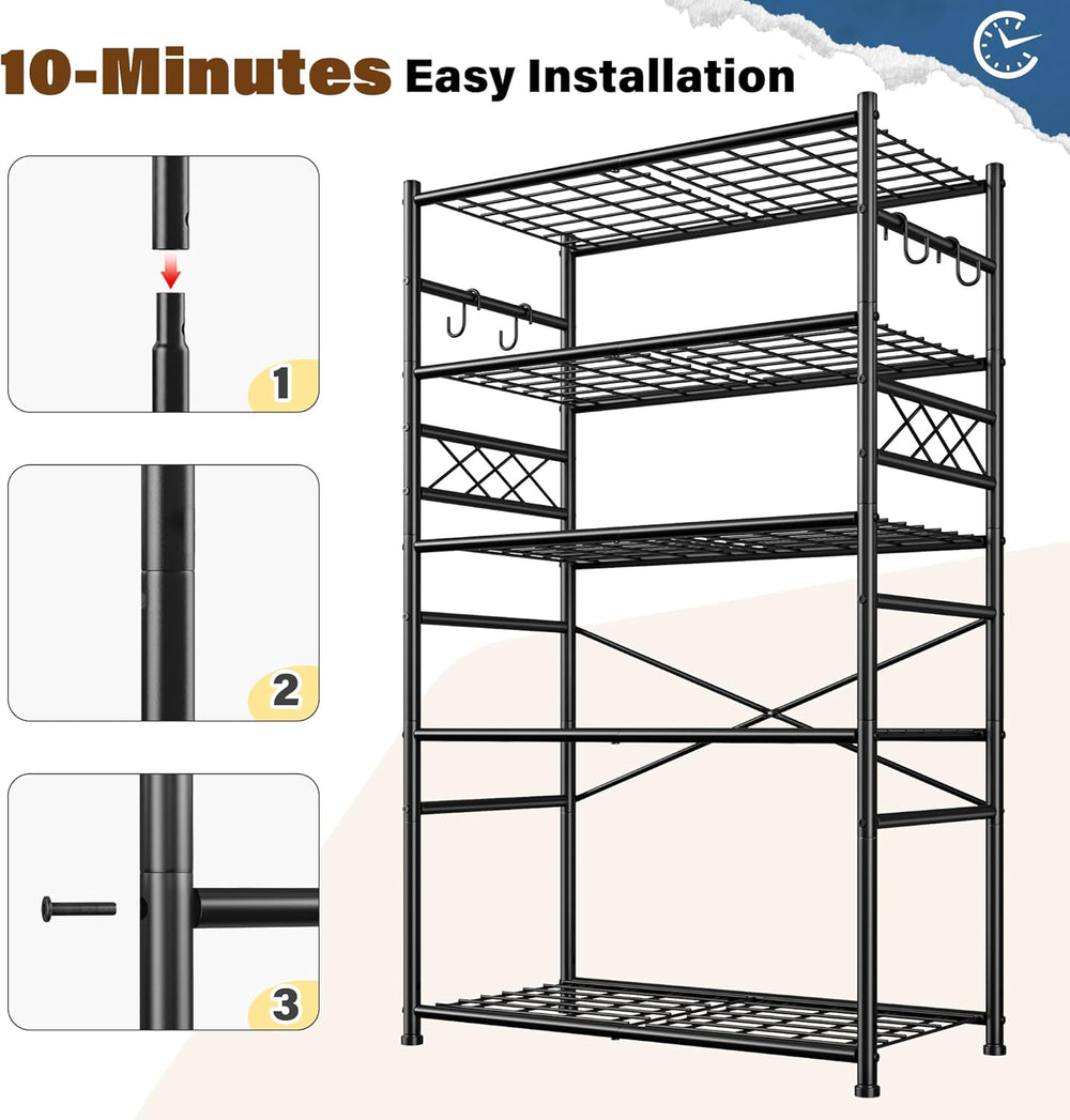 DurayLoly Heavy Duty 5-Tier 1000LBS Metal Shelving with 4 Side Hooks, Black