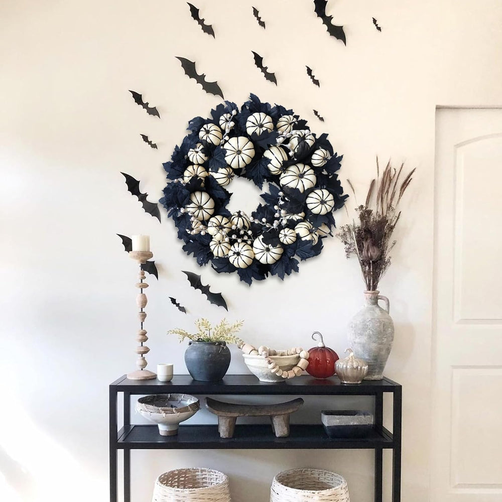 22inch Halloween Wreath Black Maple Leaf Wreaths White Pumpkin Wreath Holiday...