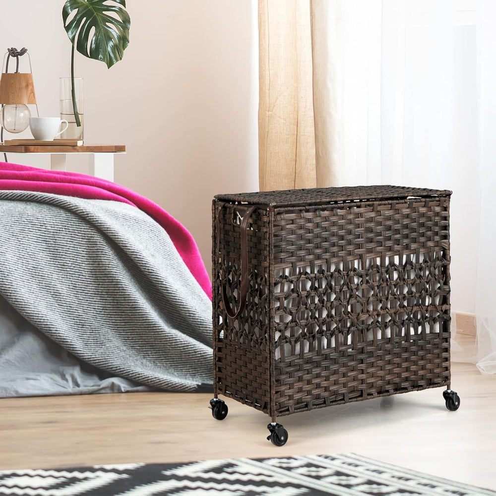 GOFLAME Laundry Hamper with Lid and Wheels, 110L Folding Synthetic Rattan Clo...