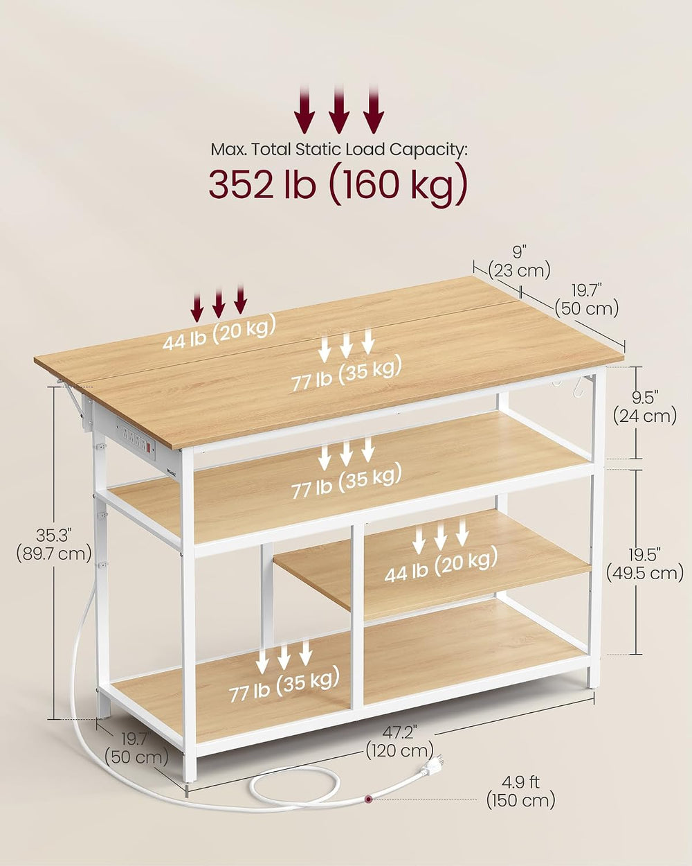 VASAGLE Kitchen Island with Drop Leaf, Power Strip, Pegboard, 47.2" Width