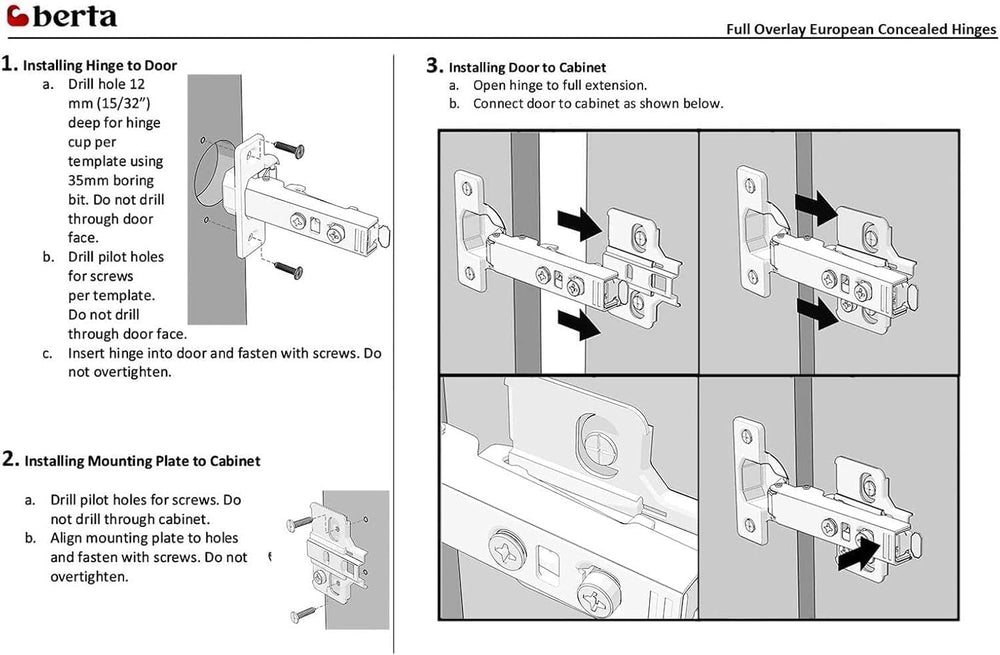 Berta 20-Pack Full Overlay Frameless Soft Closing European Hinges, 3D Adjusta...