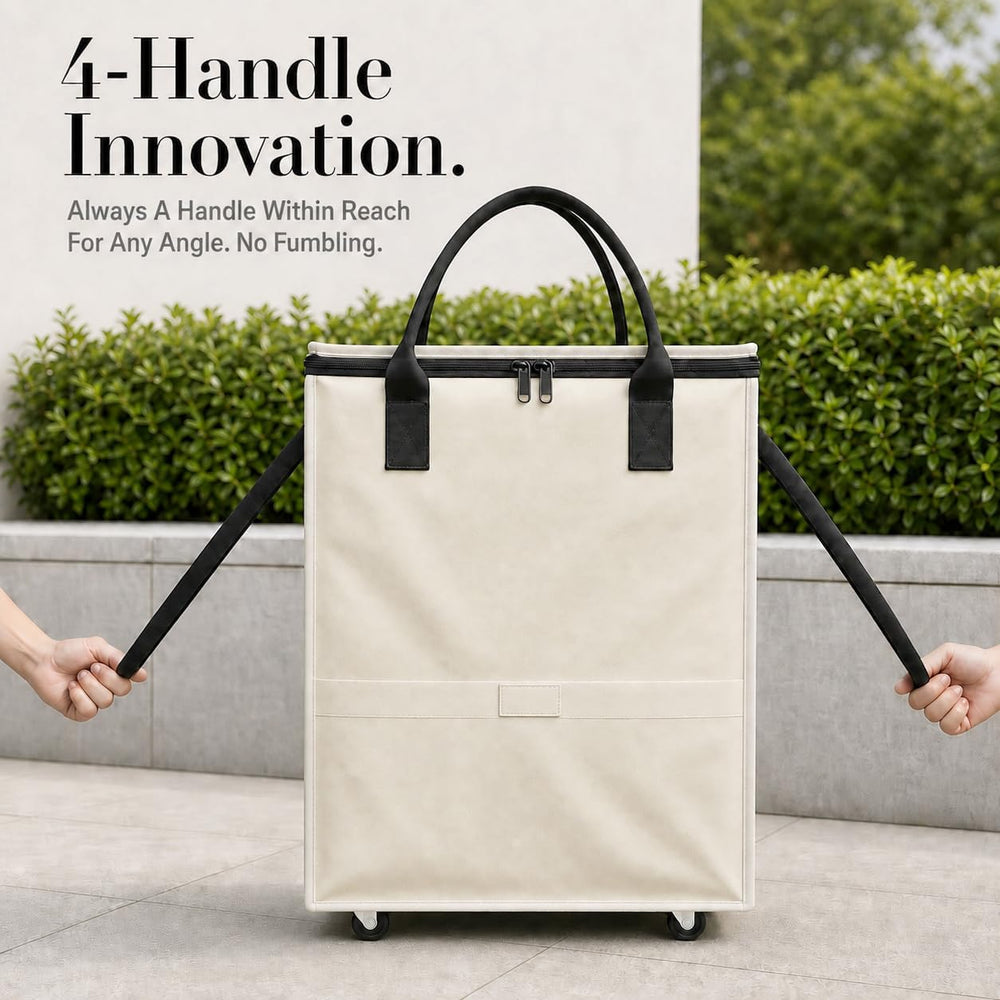 Rolling Grocery Bag on 4 Wheels,18 Gallon Foldable Tote Bag with 4 Handles