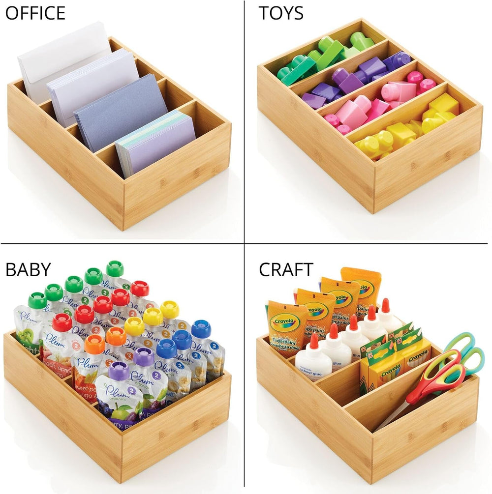 mDesign Bamboo Wood Food Storage Organizer Box, 4 Section, Divided Compartmen...