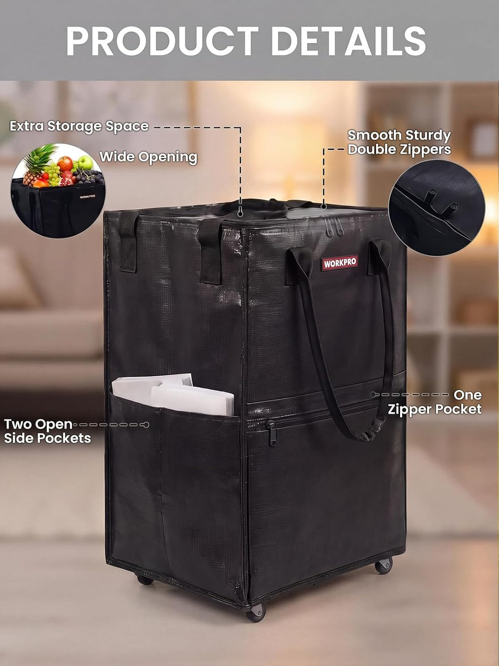WORKPRO Medium Rolling Grocery Bag, 18-Gallon Shopping Tote with 4 Wheels