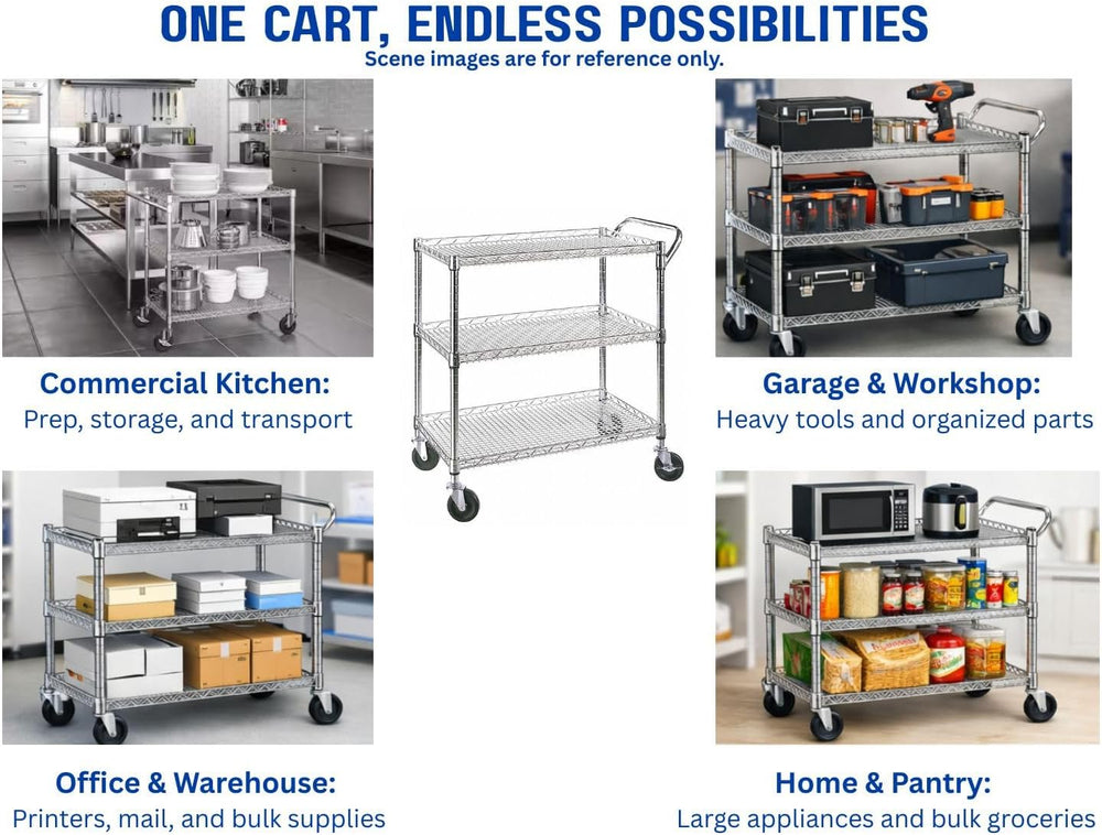 Heavy Duty Rolling Utility Kitchen Cart on Wheels, Chrome Wood Serving Cart C...
