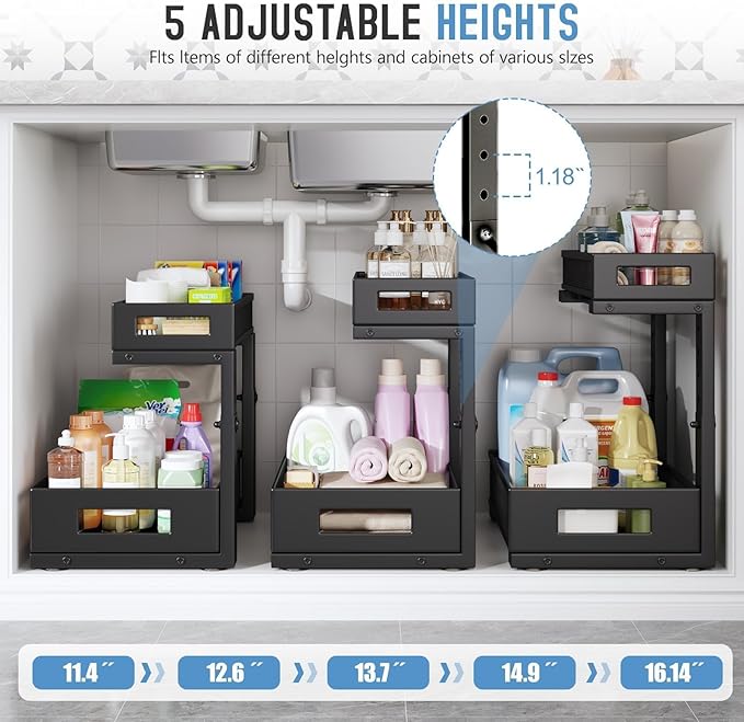 2-Pack Under Sink Storage Organizer, Large 2-Tier Elegant Mesh Pull Out Shelf