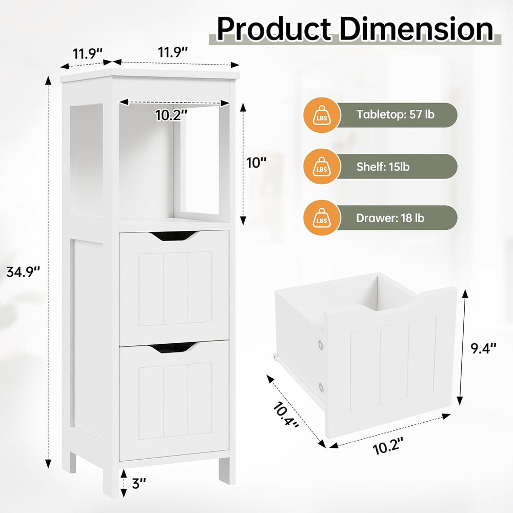 Shintenchi Small Bathroom Storage Cabinet, 2 Drawer Slim Floor Cabinet
