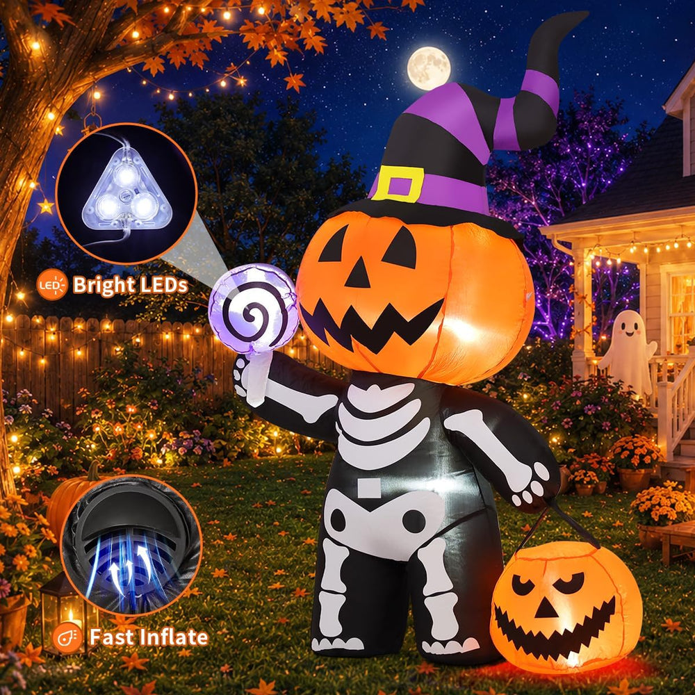 GOOSH 6 FT Halloween Inflatable Pumpkin Skull Body Outdoor Decorations Blow U...