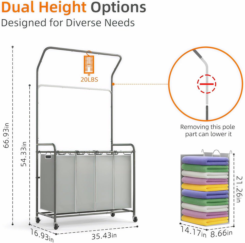 ROMOON Laundry Hamper Sorter Cart, 4 Section Organizer with Hanging Bar