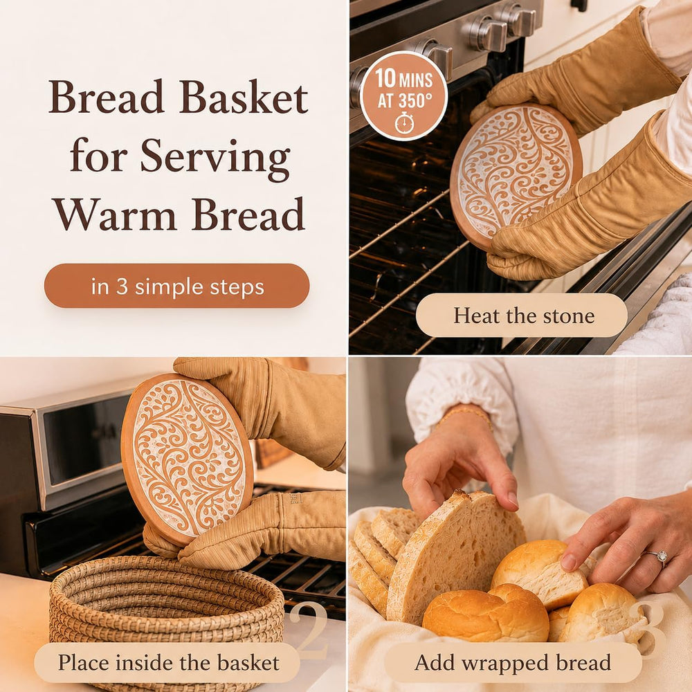 Bread Warmer Basket with Stone, Bread Basket for Serving Rolls & Sourdoug...
