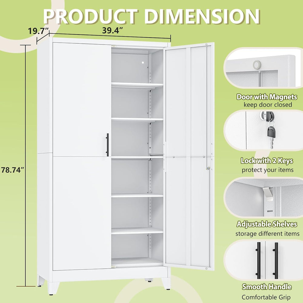 White Kitchen Pantry Cabinets,79 Metal Lockable Storage for Office