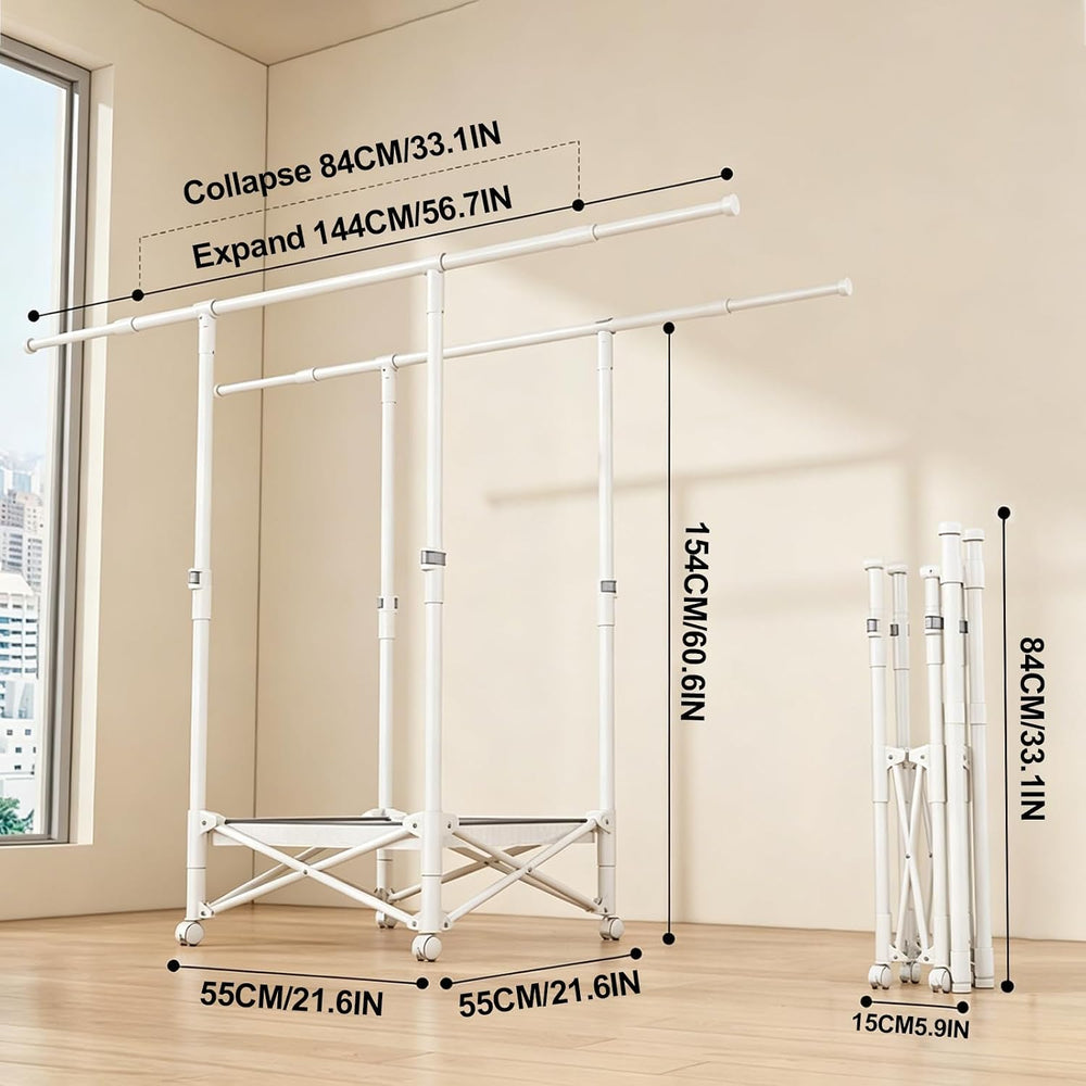 Foldable Collapsible Rolling Clothes Drying Rack,Adjustable Double Rods Laund...