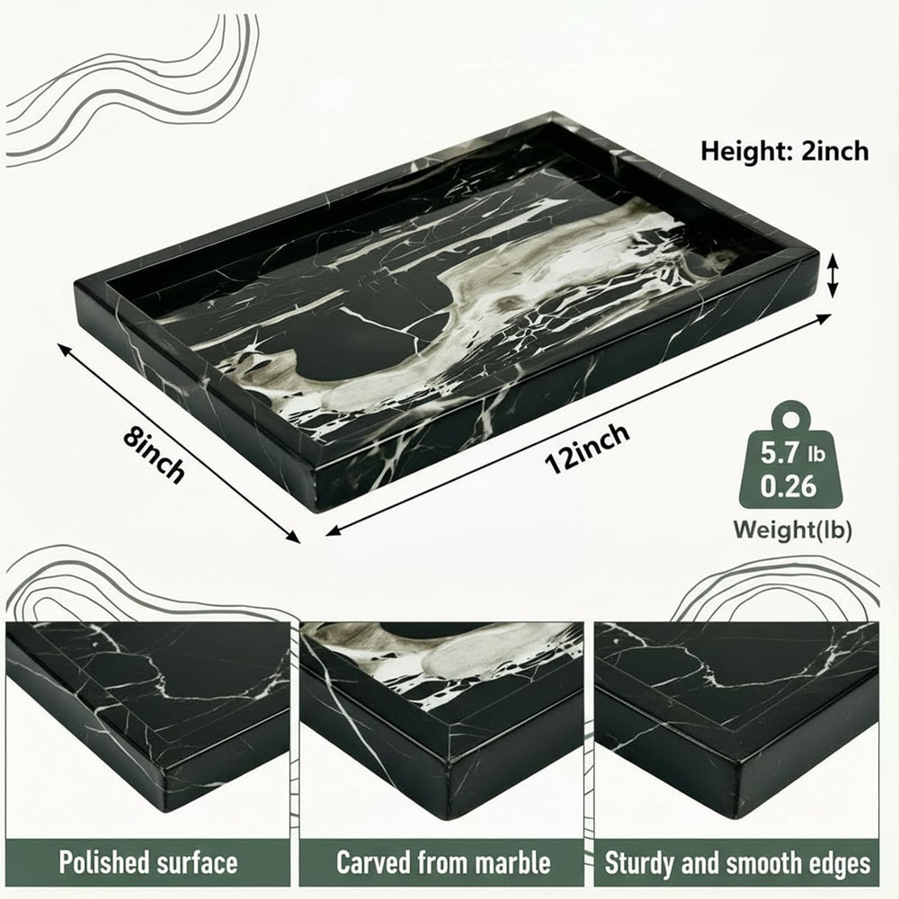 Black Marble Tray for Men 12x8, Real Natural Bathroom Vanity Perfume Jewelry
