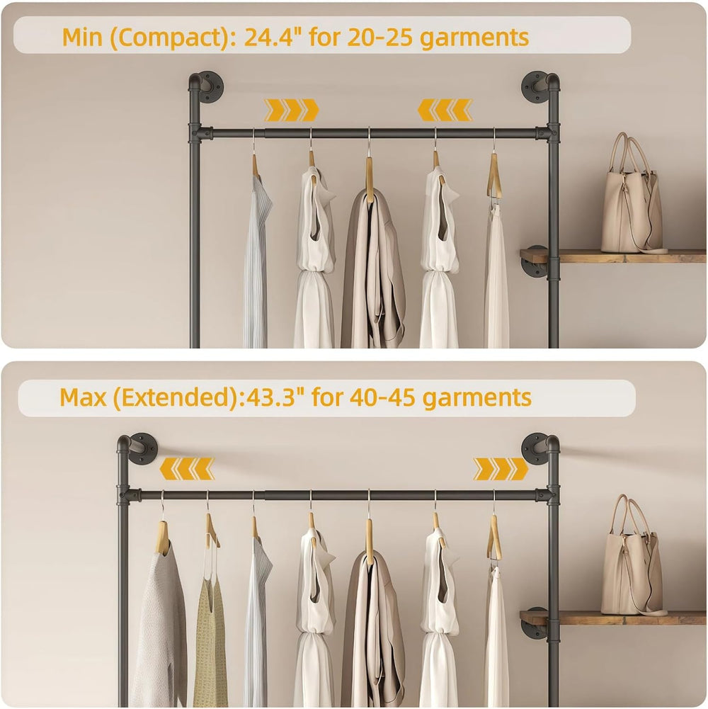 Expandable Industrial Pipe Clothing Rack with LED Lights