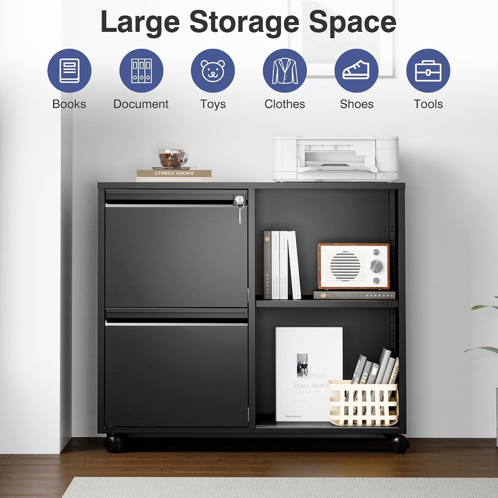 Mobile File Cabinet with Side Hook, 2 Drawer Lateral File Cabinet with Lock f...