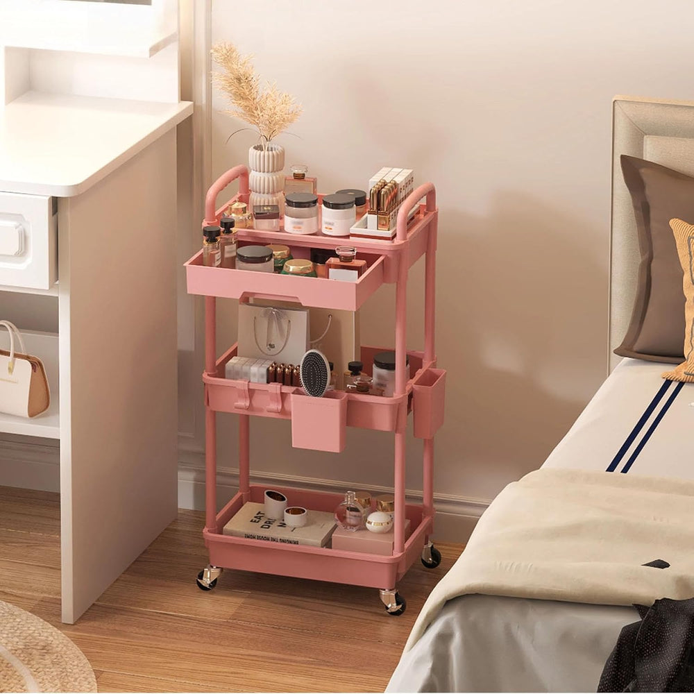 3 Tier Rolling Utility Cart with Drawer, Plastic Storage Organizer Rolling Ca...