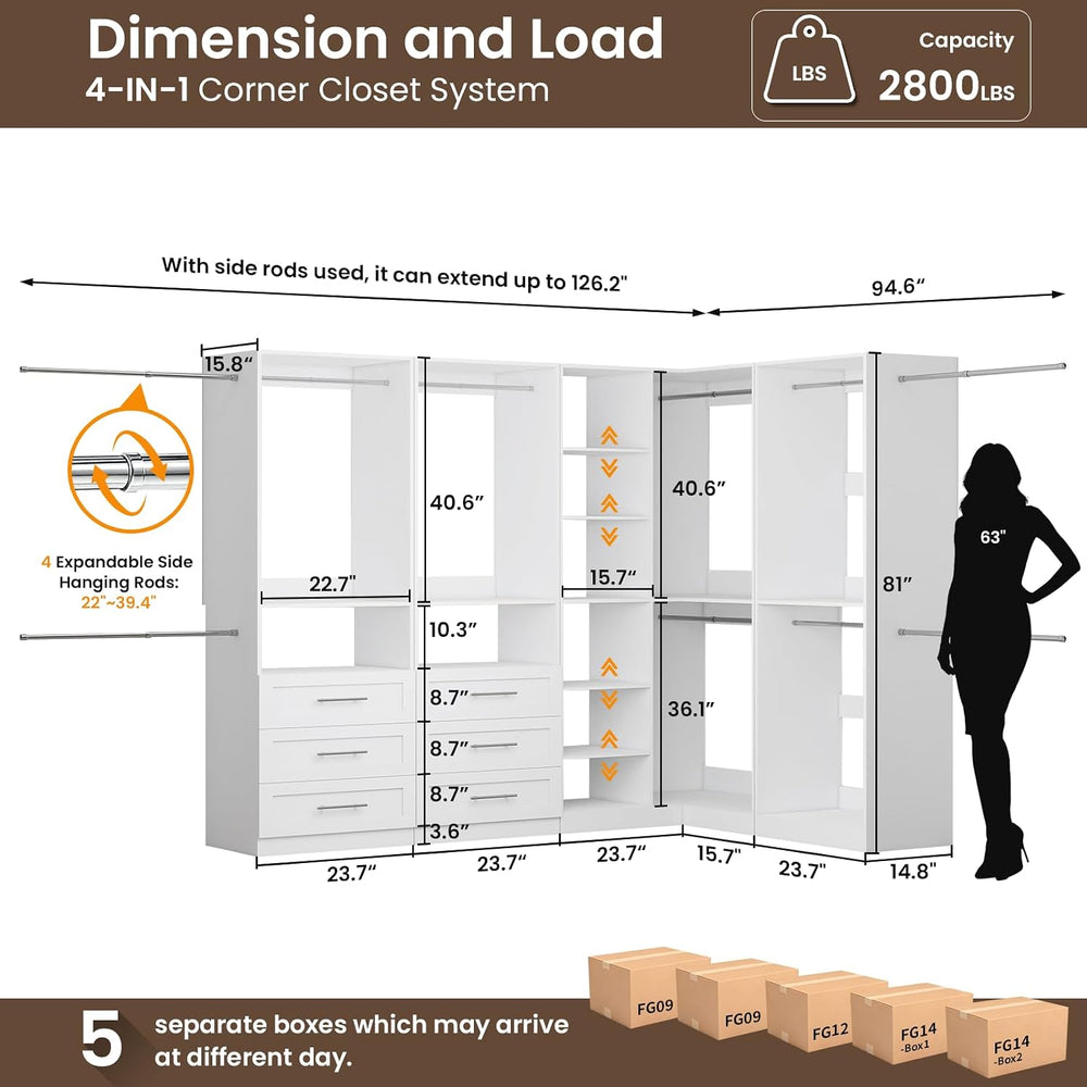 Closet System with 4 Sets, Corner Closet System with 6 Drawers,10 Rods & ...