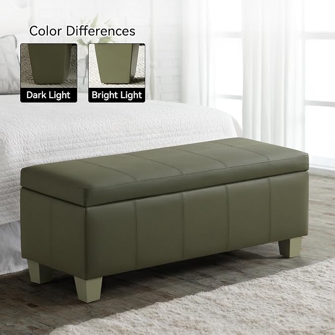41" Faux Leather Storage Ottoman, Stitch Tufted Rectangle Upholstered En...