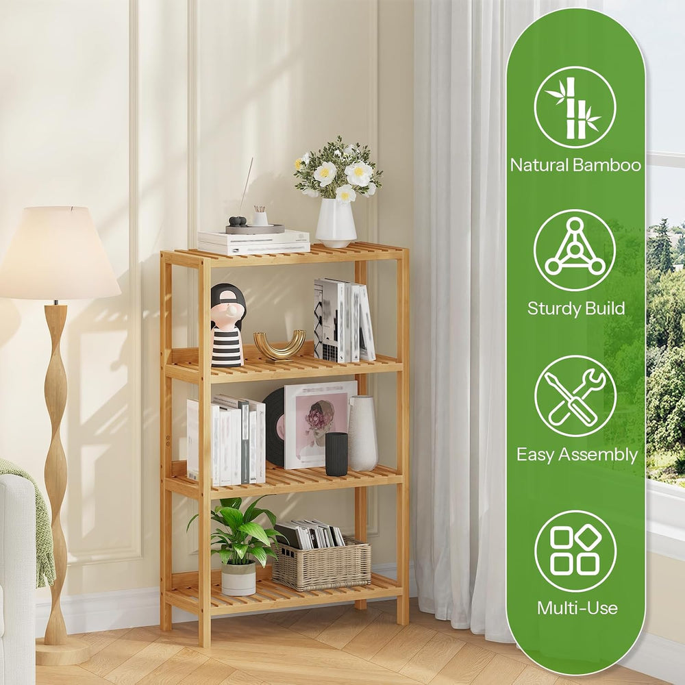 HOOBRO Bamboo Storage Shelf, 4-Tier Freestanding Shelving Unit, Multifunction...