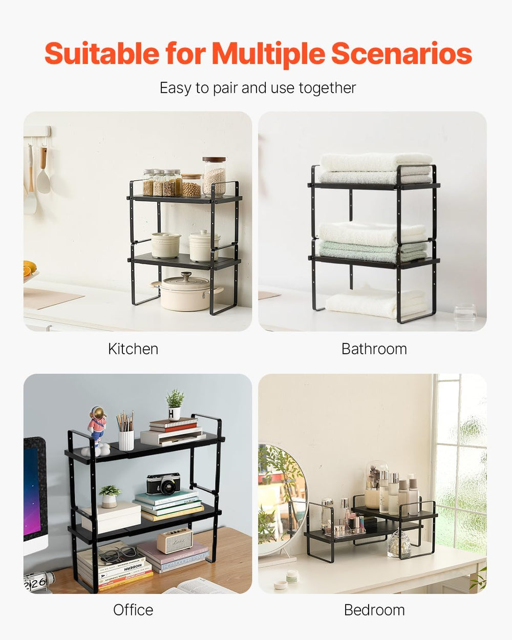 VEVOR Adjustable Kitchen Cabinet Shelf Organizer, Expandable 2 Tier Cabinet S...