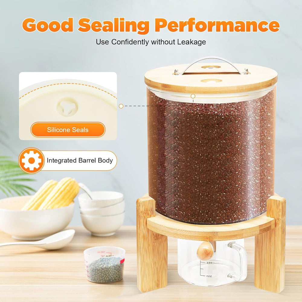 Glass Rice Dispenser, 5L Countertop Flour Cereal Container w/ Bamboo Stand