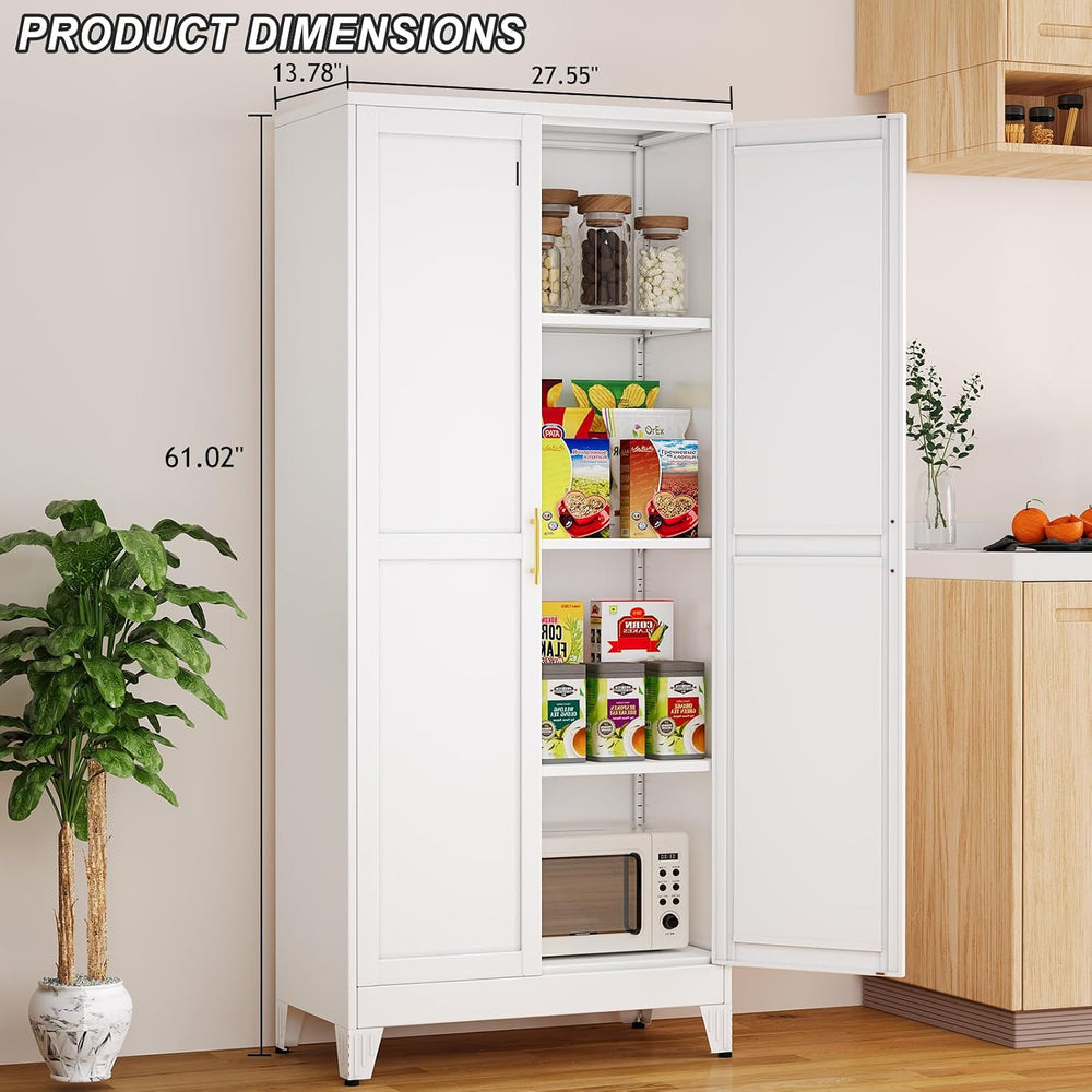 winiowa White Metal Kitchen Pantry Storage Cabinet with Doors and Shelves