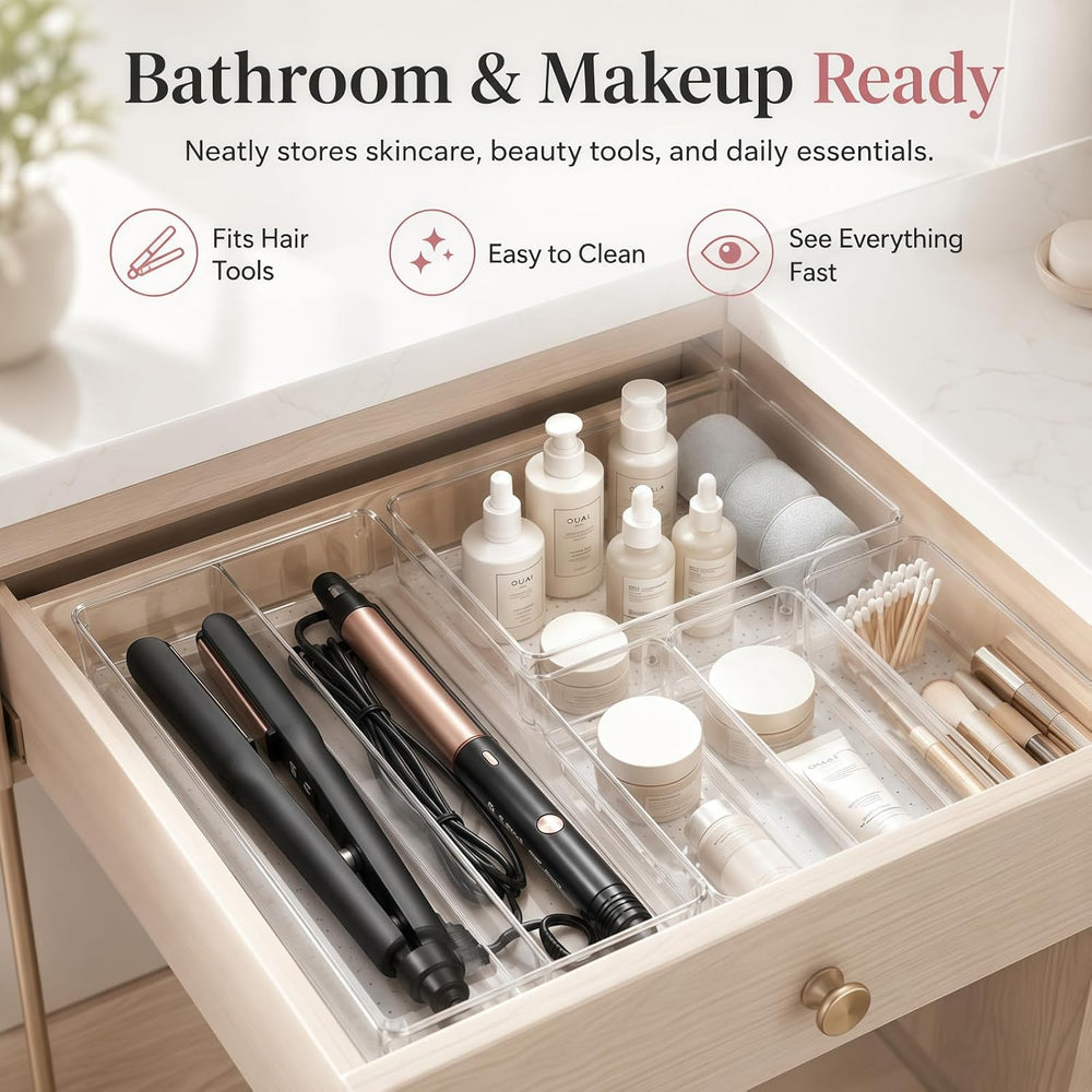 12 Pack Large Drawer Organizer Bins - Clear Plastic Bathroom Drawer Organizer...