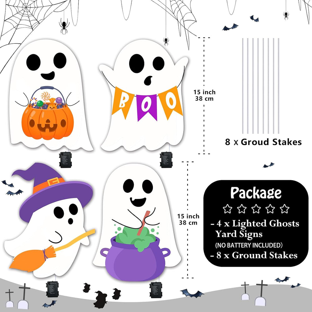 Lighted Cute Ghost Yard Signs, 4 Packs Halloween Decorations Outdoor Scary Wi...