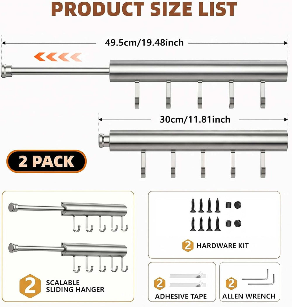 Valet Rod for Closet, 12" Pull Out Retractable with 5 Hooks（Chrome)