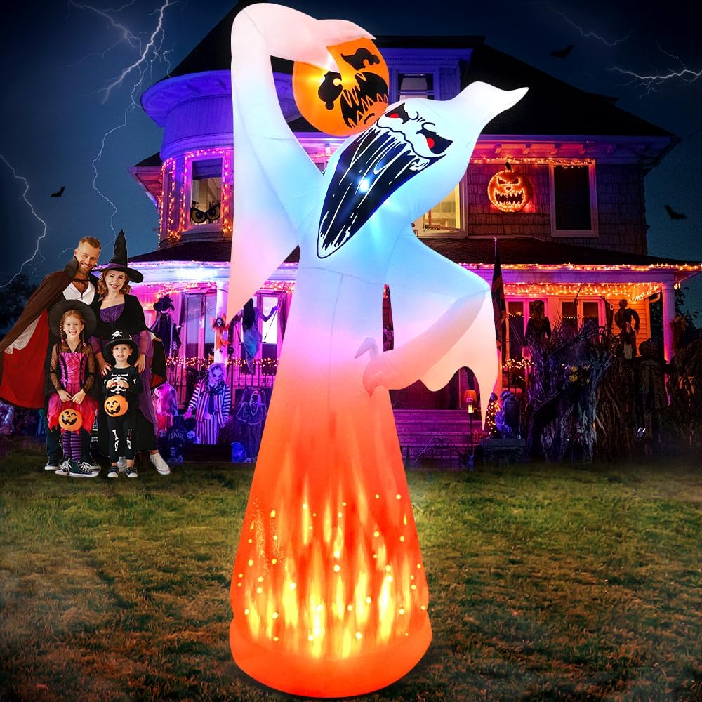 10 FT Halloween Inflatables Ghost with Pumpkin Decoration, Built in Flame Rot...