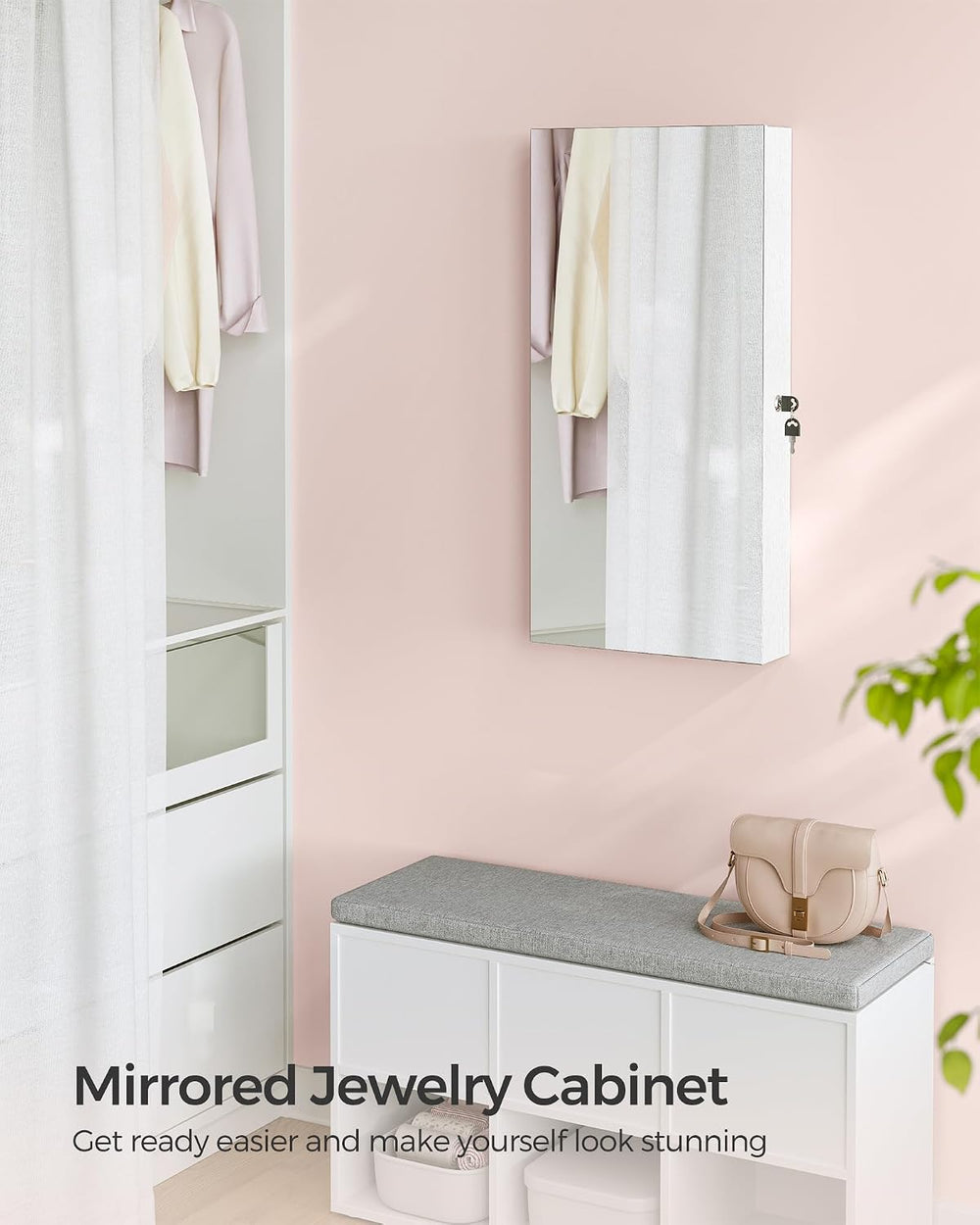 SONGMICS Lockable Jewelry Cabinet Armoire with Mirror, Wall-Mounted