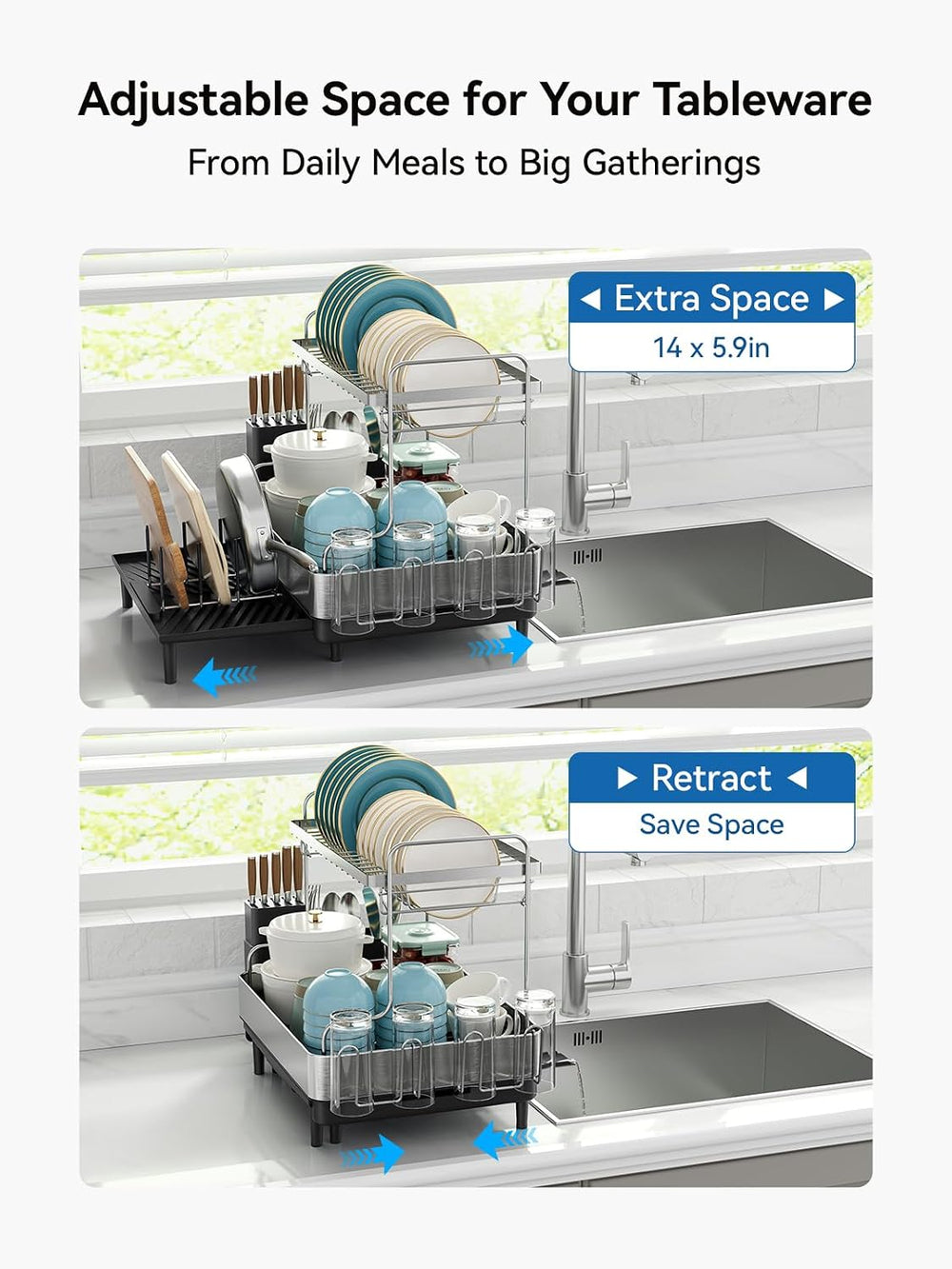 SUNLY 2 Tier Dish Drying Rack, Extra Large Dish Rack, Expandable Dish Racks f...