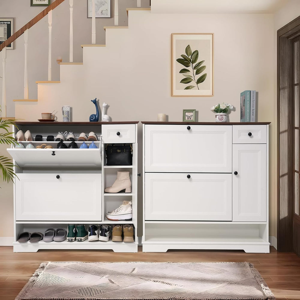 Patiorama Shoe Cabinet Set of 2 with 2 Flip Drawers, Side Cabinet, White