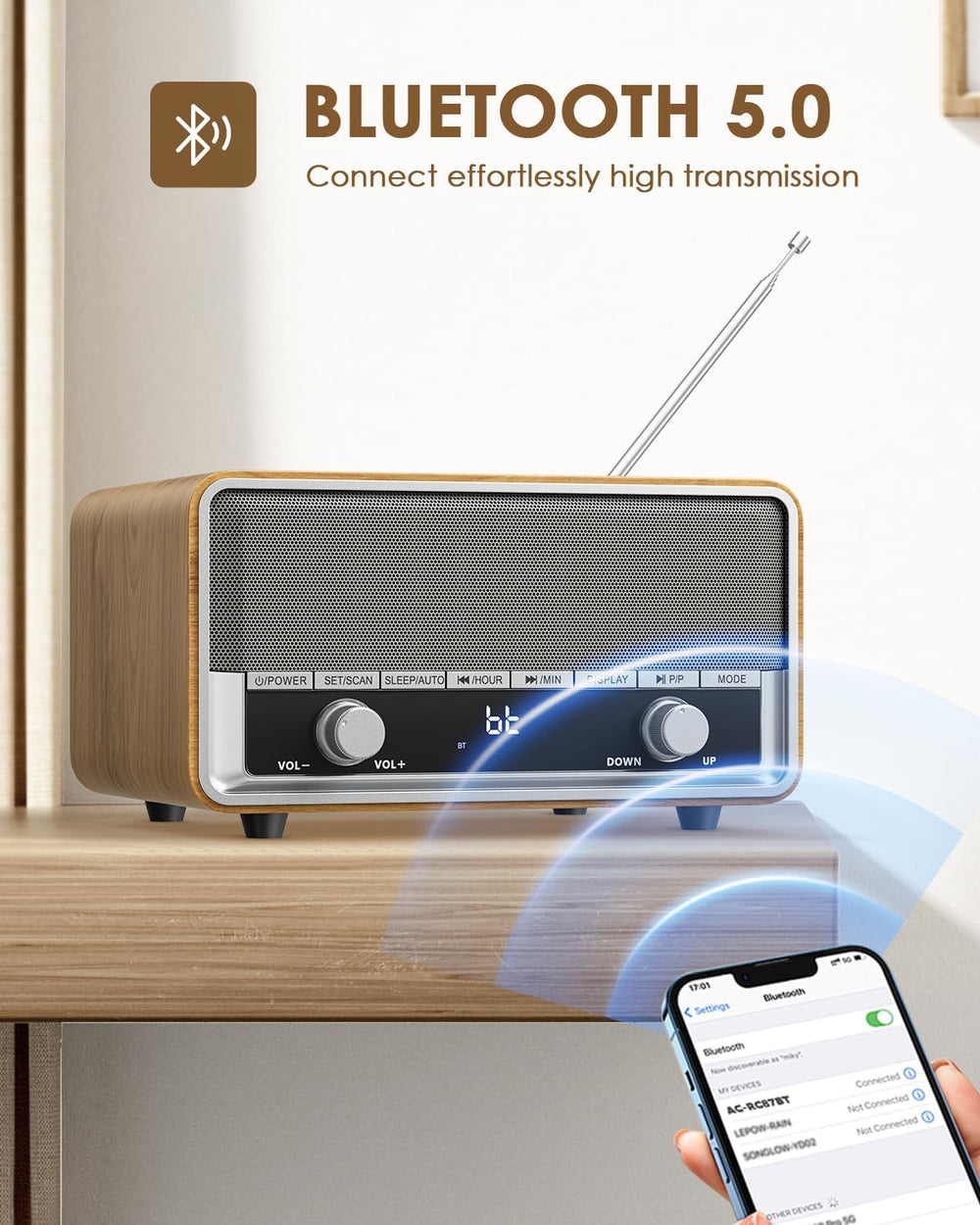Vintage Wood AM FM Bluetooth Radio with Clear LCD Display