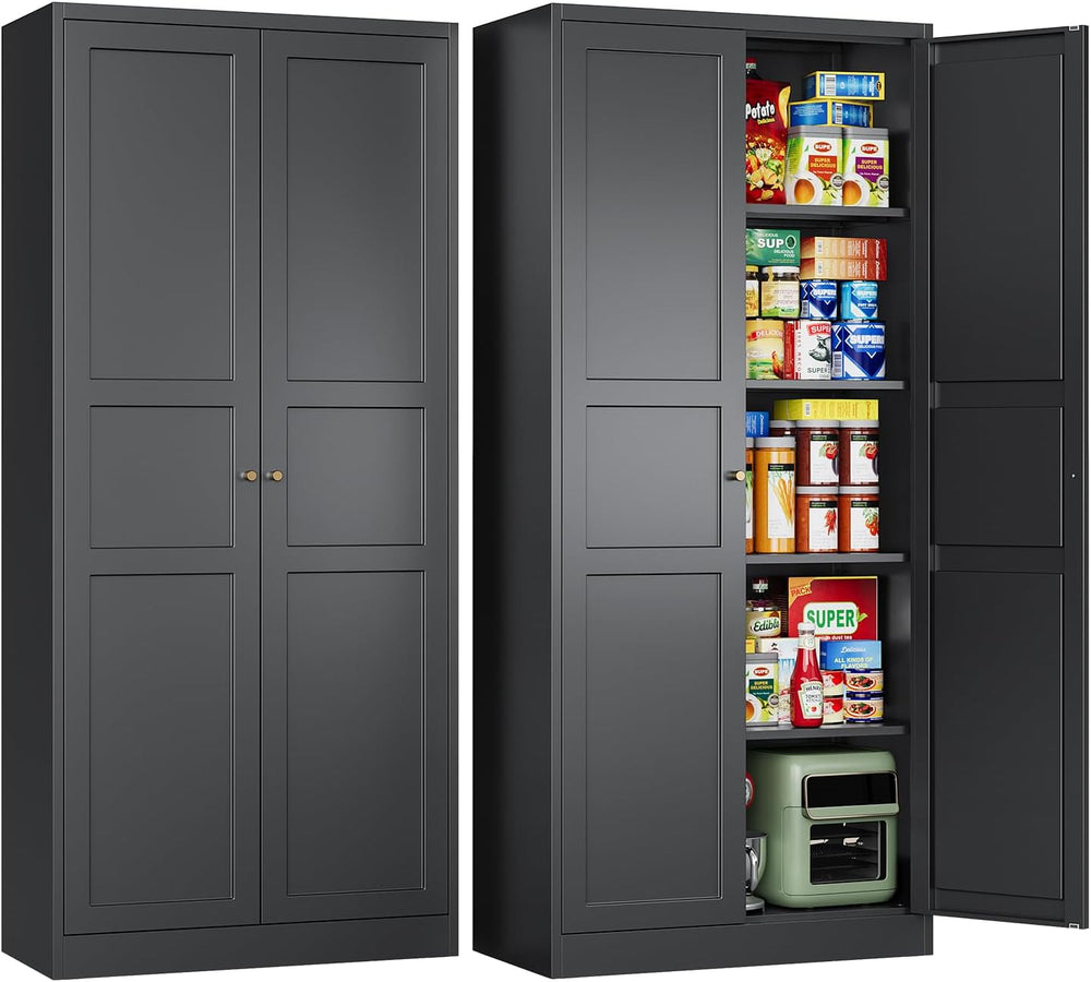 Black Storage Cabinet with Adjustable Shelves-Metal Home Kitchen Pantry Cabin...