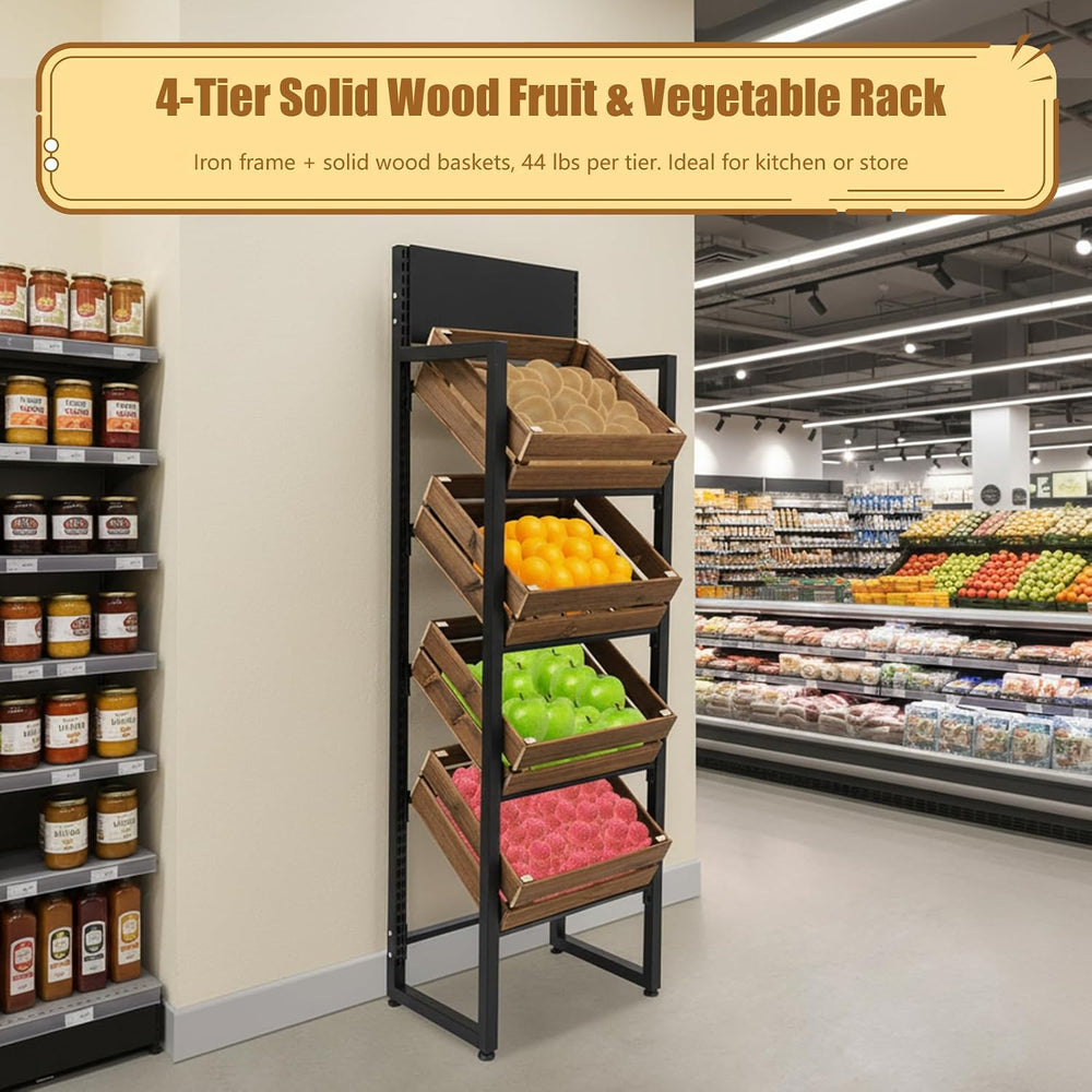 4-Tier Wood Fruit Vegetable Storage Basket Stand, Market Retail Display Rack ...