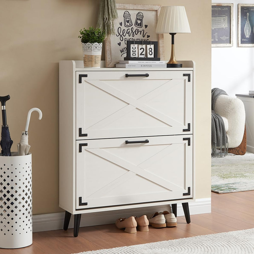 Barnyatoh Farmhouse Shoe Storage Cabinet with 2 Flip Drawers & Barn Door