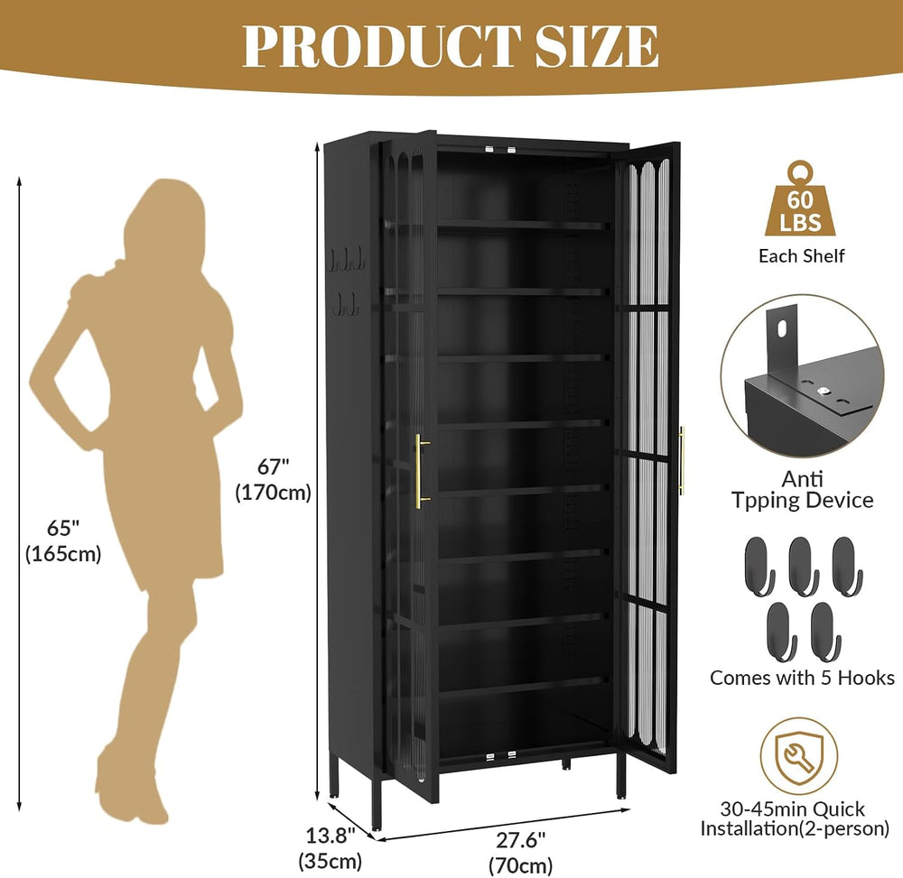 9-Tier Tall Metal Shoe Cabinet with Doors & Hooks, 67" Large Shoe St...