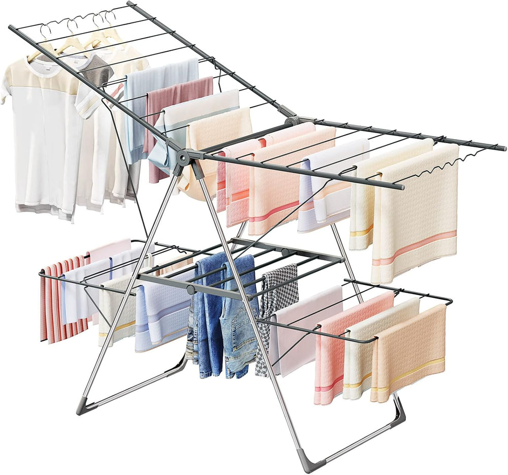 Bigzzia Clothes Drying Rack Foldable, 2-Level Large Laundry Drying Rack
